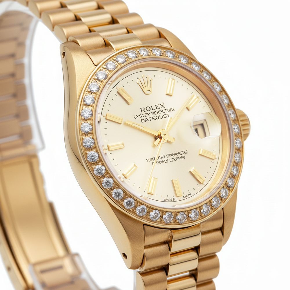 Orologio Rolex Datejust in oro giallo stile presidenziale con quadrante grigio a bastoncino e diamanti