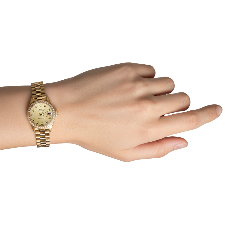 Orologio Rolex Datejust in stile presidente con quadrante in oro champagne e diamanti, lunetta P2