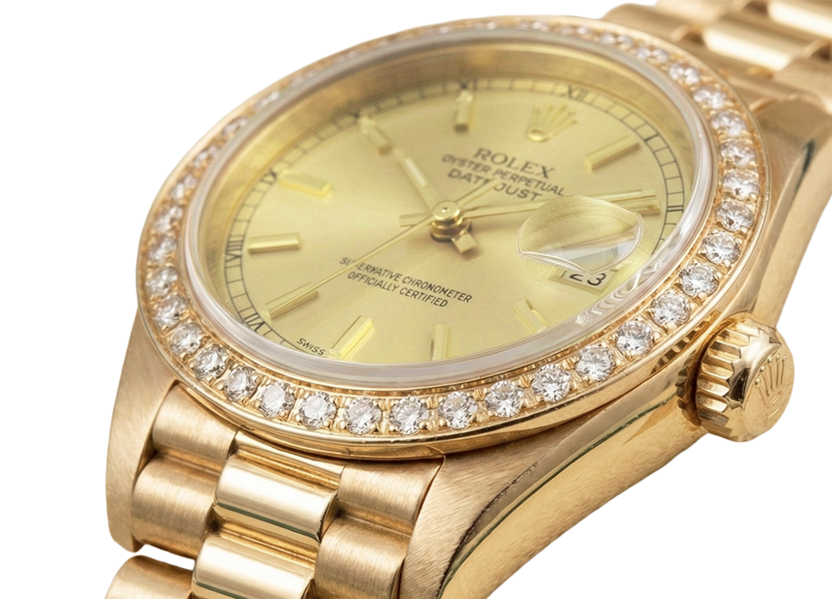Orologio Rolex Datejust in stile presidenziale con quadrante a bastoncino color champagne e lunetta