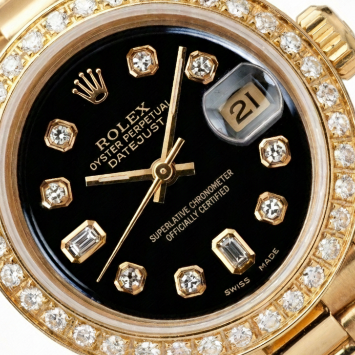 Orologio Rolex Datejust in stile presidenziale in oro giallo Lunetta Quadrante con diamanti Nero