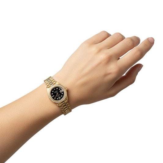 Orologio Rolex Datejust in stile presidenziale in oro giallo Lunetta Quadrante con diamanti Nero P2