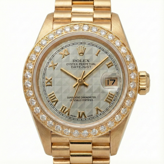 Orologio Rolex Datejust piramide romana quadrante diamanti lunetta stile presidenziale oro