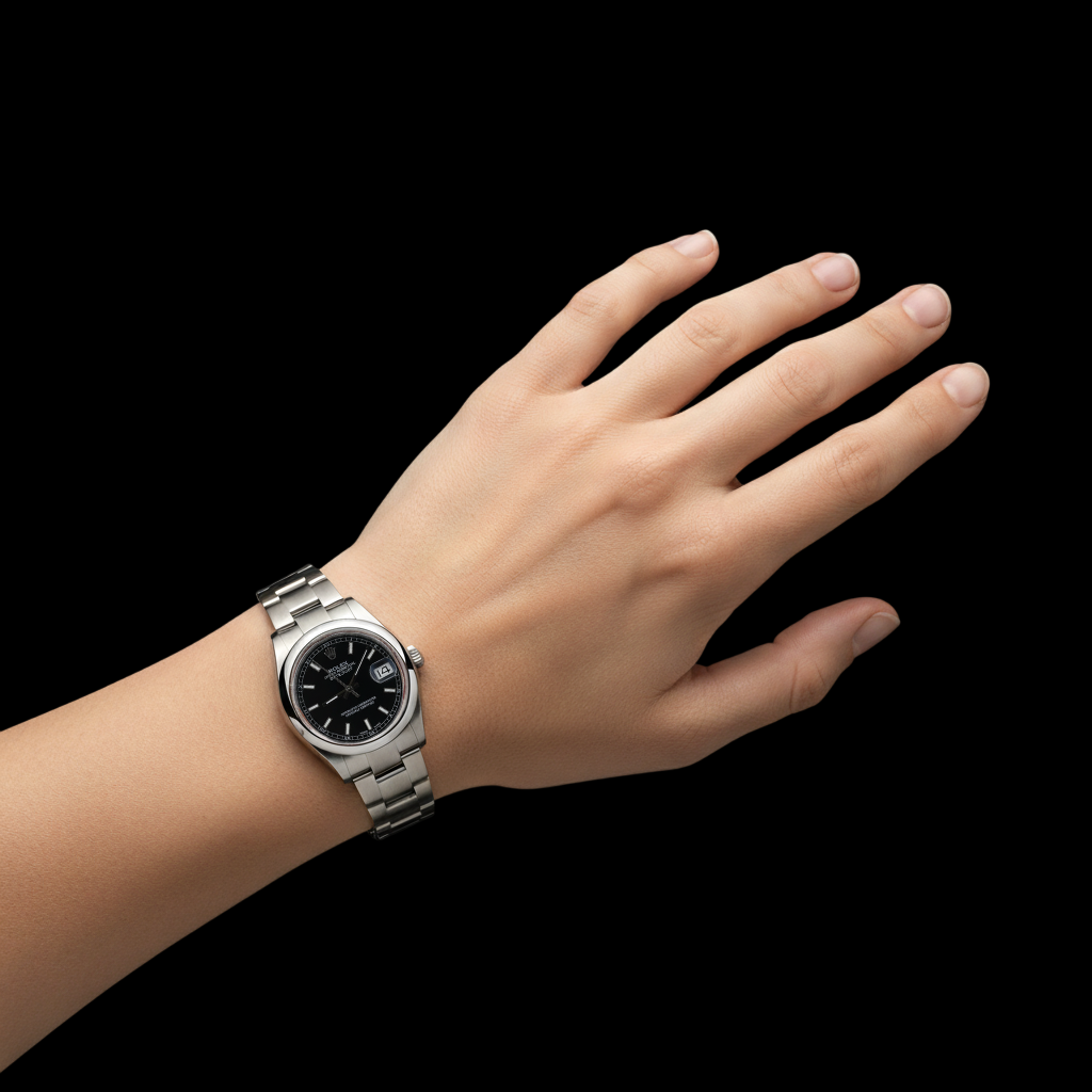 Orologio Rolex Datejust quadrante nero, bracciale in acciaio inossidabile di medie dimensioni P4