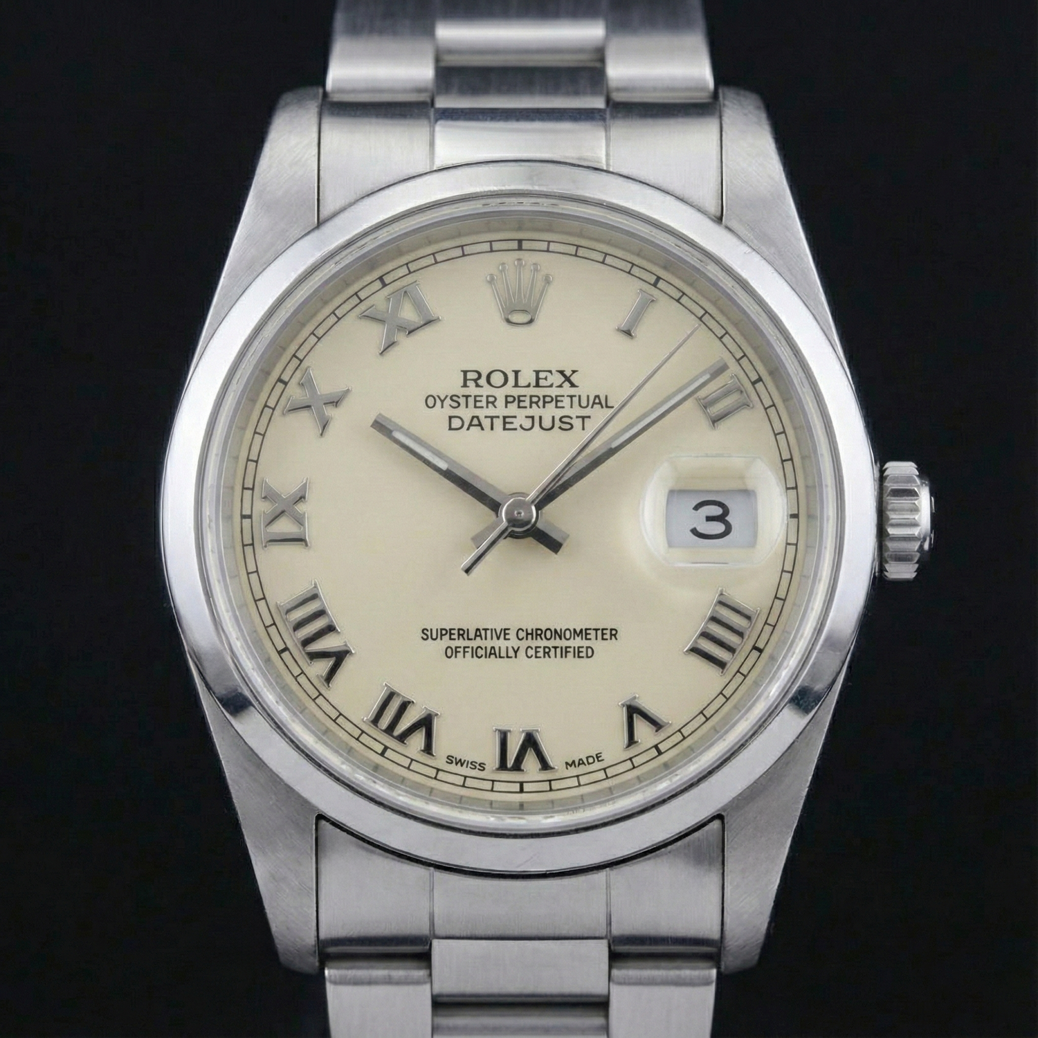 Orologio Rolex Datejust quadrante romano lunetta liscia in acciaio inossidabile di medie dimensioni