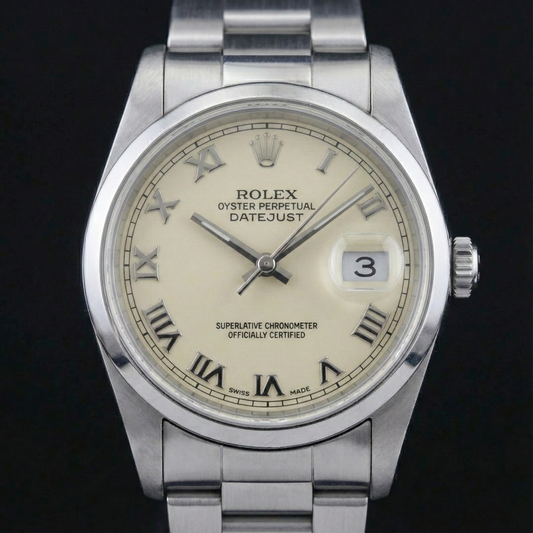 Orologio Rolex Datejust quadrante romano lunetta liscia in acciaio inossidabile di medie dimensioni