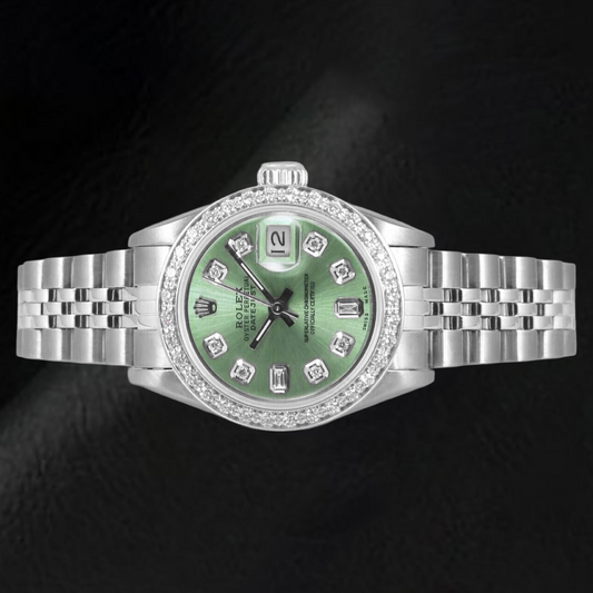 Orologio Rolex Datejust verde oliva con diamanti baguette da 26 mm in acciaio inossidabile