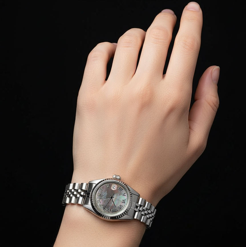 Orologio Rolex Giubileo in acciaio inossidabile con quadrante grigio romano P2