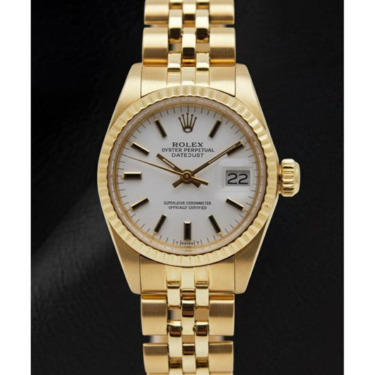 Orologio Rolex Lady-Datejust quadrante bianco stile President bracciale oro giallo