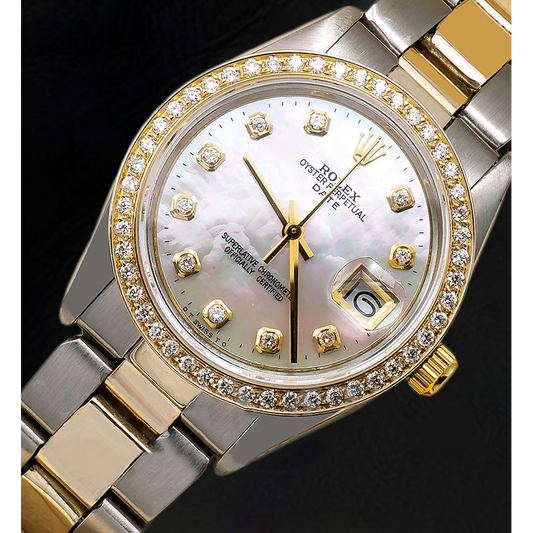Orologio Rolex Lady Datejust con quadrante in madreperla bianca e diamanti, 31 mm, bracciale Oyster bicolore