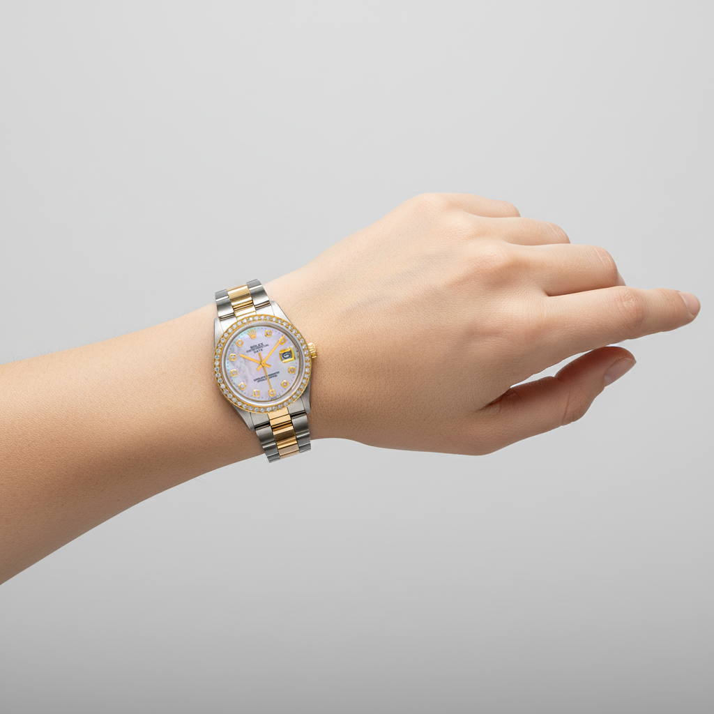 Orologio Rolex Lady Datejust con quadrante in madreperla bianca e diamanti, 31 mm, bracciale Oyster bicolore