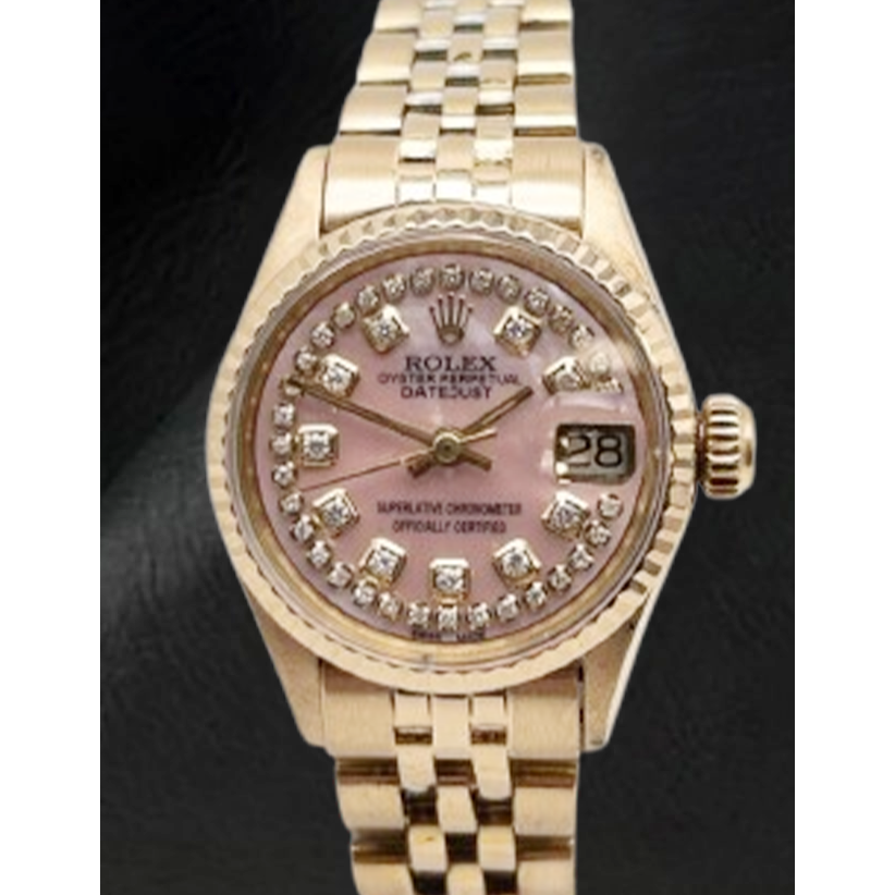 Orologio Rolex Lady Datejust in madreperla rosa con quadrante in diamanti e oro giallo