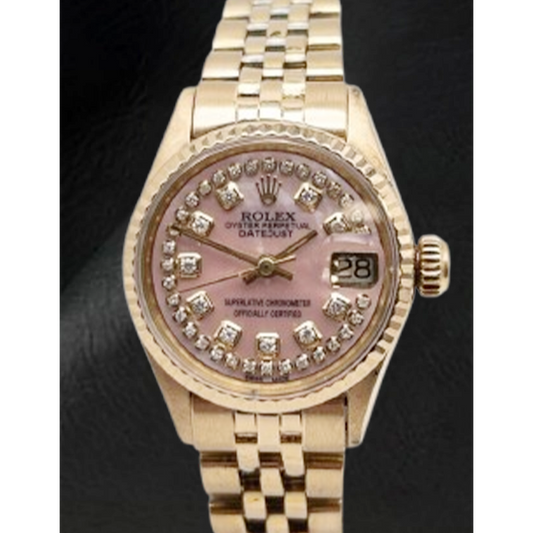 Orologio Rolex Lady Datejust in madreperla rosa con quadrante in diamanti e oro giallo