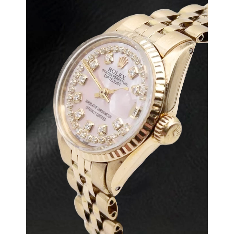 Orologio Rolex Lady Datejust in madreperla rosa con quadrante in diamanti e oro giallo
