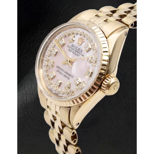 Orologio Rolex Lady Datejust in madreperla rosa con quadrante in diamanti e oro giallo