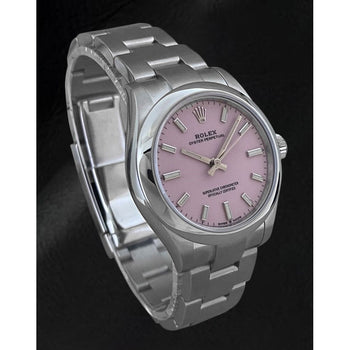Orologio Rolex Ostrica perpetua da 31 mm in acciaio inossidabile con quadrante rosa caramello