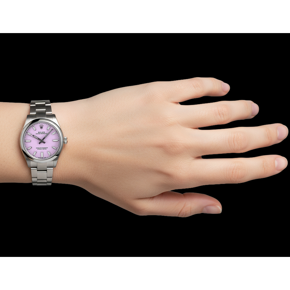 Orologio Rolex Ostrica perpetua da 31 mm in acciaio inossidabile con quadrante rosa caramello P5