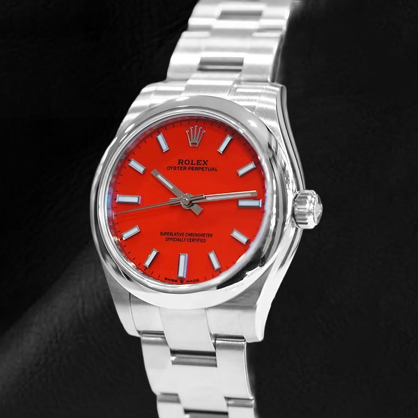 Orologio Rolex Ostrica perpetual corallo rosso quadrante luminoso in acciaio