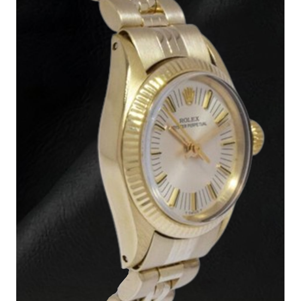 Orologio Rolex Oyster Perpetual 24 mm quadrante bianco a bastoncino in oro giallo