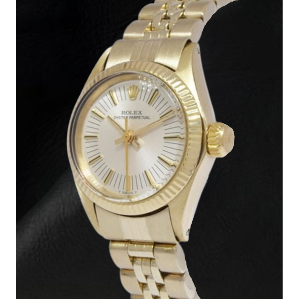 Orologio Rolex Oyster Perpetual 24 mm quadrante bianco a bastoncino in oro giallo