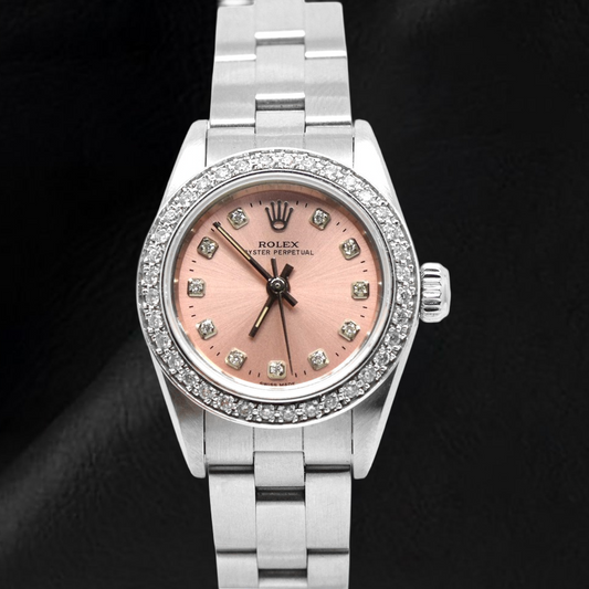 Orologio Rolex Oyster Perpetual con quadrante rosa e diamanti, 24 mm, in acciaio inossidabile