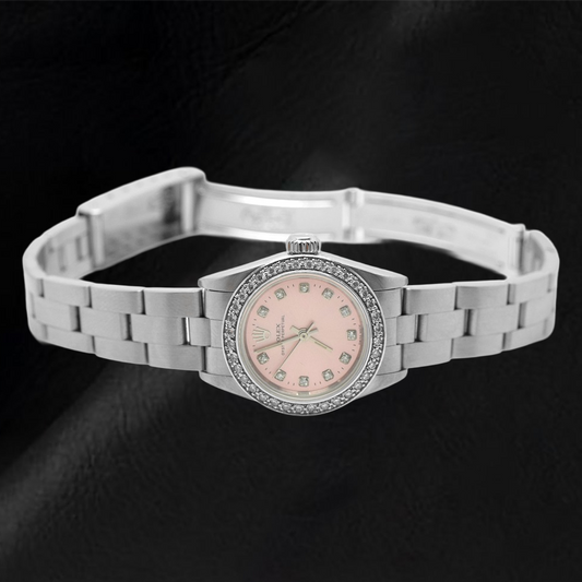 Orologio Rolex Oyster Perpetual con quadrante rosa e diamanti, 24 mm, in acciaio inossidabile