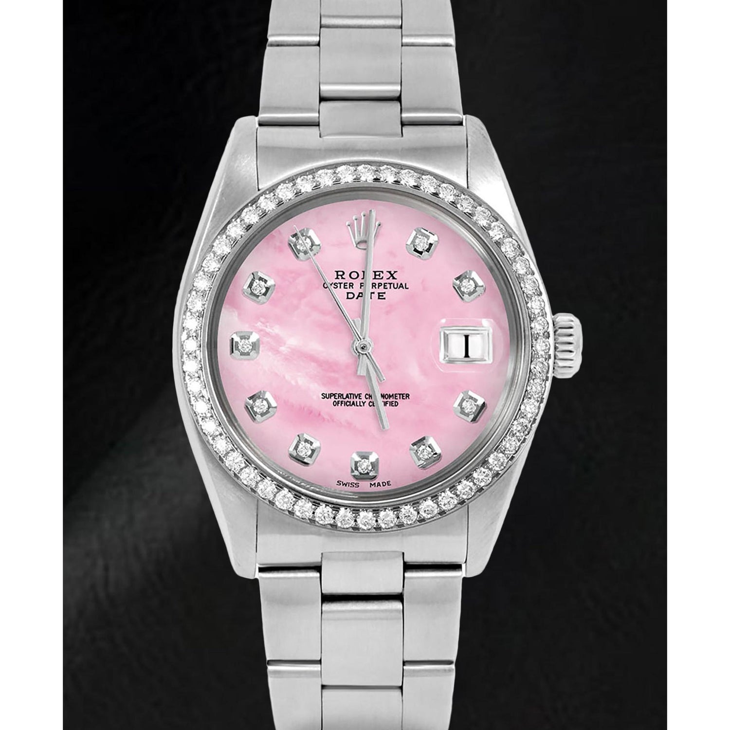 Orologio Rolex Oyster in acciaio inossidabile con quadrante in madreperla rosa con diamanti da 31 mm