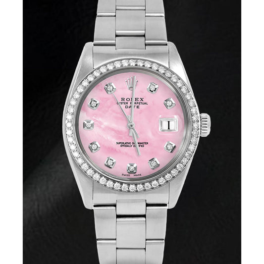 Orologio Rolex Oyster in acciaio inossidabile con quadrante in madreperla rosa con diamanti da 31 mm
