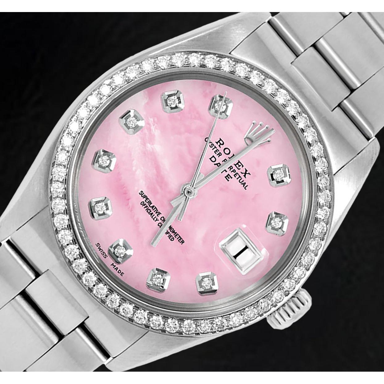 Orologio Rolex Oyster in acciaio inossidabile con quadrante in madreperla rosa con diamanti da 31 mm
