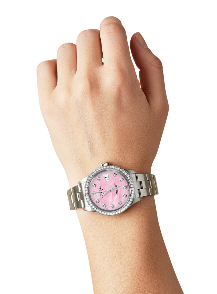 Orologio Rolex Oyster in acciaio inossidabile con quadrante in madreperla rosa con diamanti da 31mm