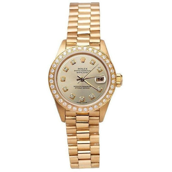 Orologio Rolex President Style con quadrante champagne e diamanti, lunetta in oro giallo con diamanti