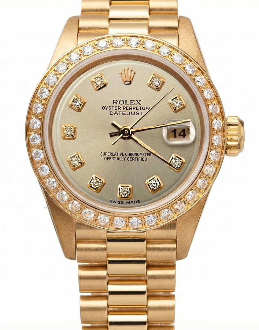 Orologio Rolex President Style con quadrante champagne e diamanti, lunetta in oro giallo con diamanti
