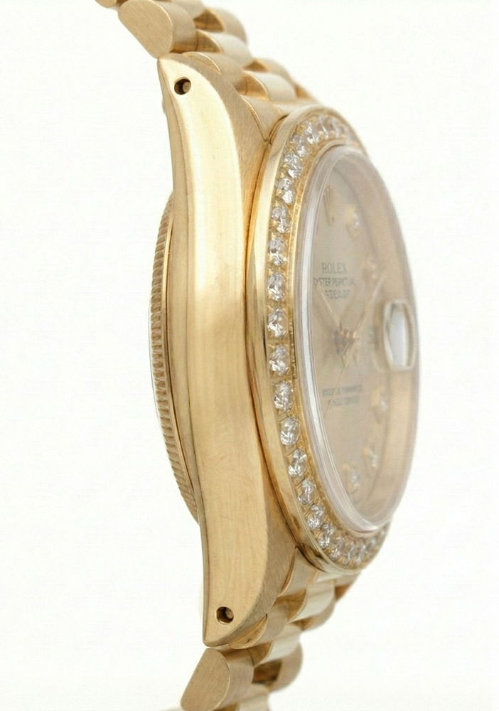 Orologio Rolex President Style con quadrante champagne e diamanti, lunetta in oro giallo con diamanti