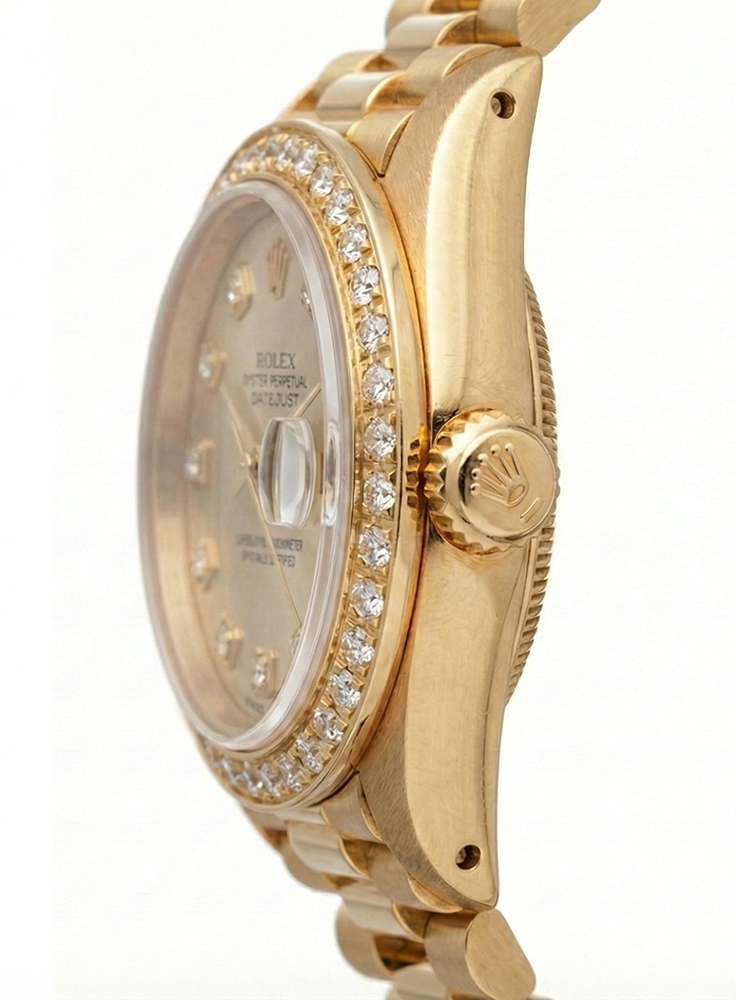 Orologio Rolex President Style con quadrante champagne e diamanti, lunetta in oro giallo con diamanti
