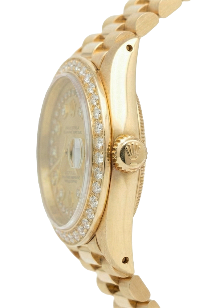 Orologio Rolex Quadrante con stringa champagne in stile presidenziale con lunetta in oro giallo e diamanti