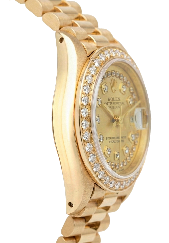 Orologio Rolex Quadrante con stringa champagne in stile presidenziale con lunetta in oro giallo e diamanti