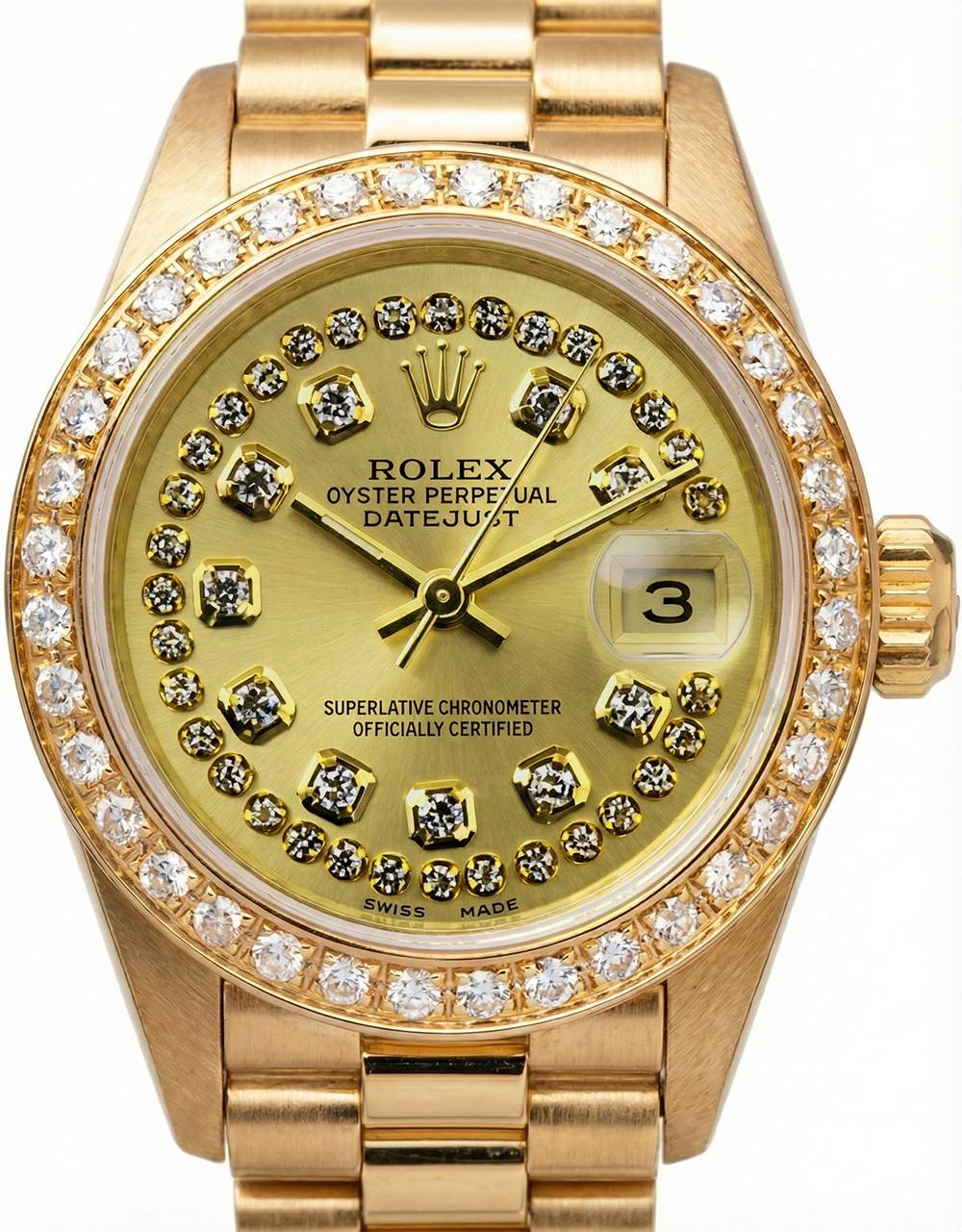 Orologio Rolex Quadrante con stringa champagne in stile presidenziale con lunetta in oro giallo e diamanti