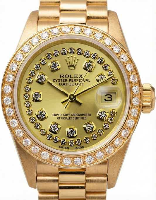 Orologio Rolex Quadrante con stringa champagne in stile presidenziale con lunetta in oro giallo e diamanti