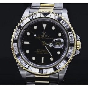 Orologio Rolex baguette personalizzato Gmt master Ii da uomo in oro giallo 