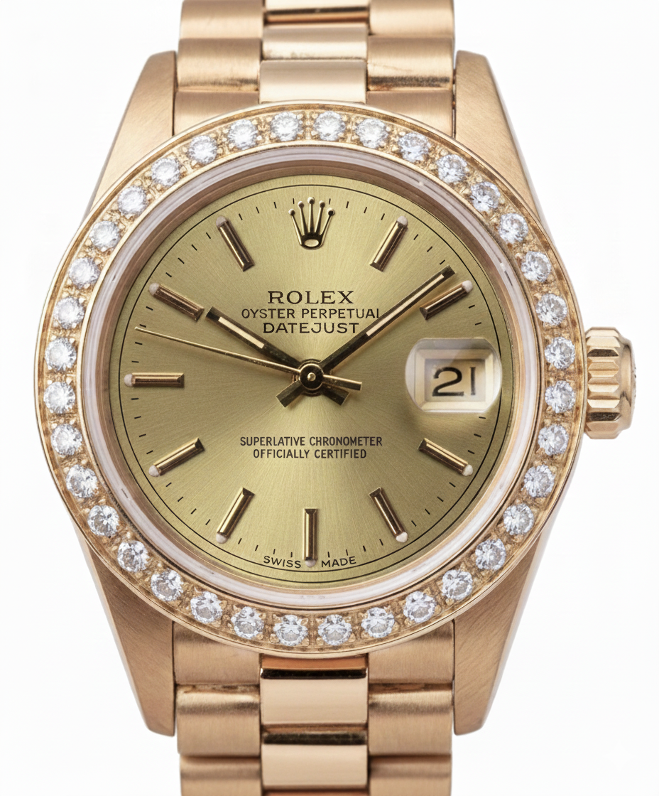 Orologio Rolex champagne bastone quadrante presidente Datejust lunetta diamanti oro giallo