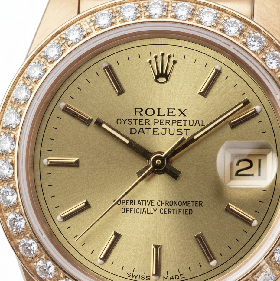 Orologio Rolex champagne bastone quadrante presidente Datejust lunetta diamanti oro giallo