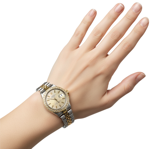 Orologio Rolex con datario, quadrante argentato, lunetta in diamanti, acciaio inossidabile e Giubileo in oro