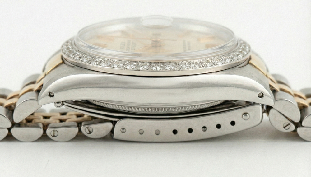 Orologio Rolex con datario, quadrante argentato, lunetta in diamanti, acciaio inossidabile e Giubileo in oro