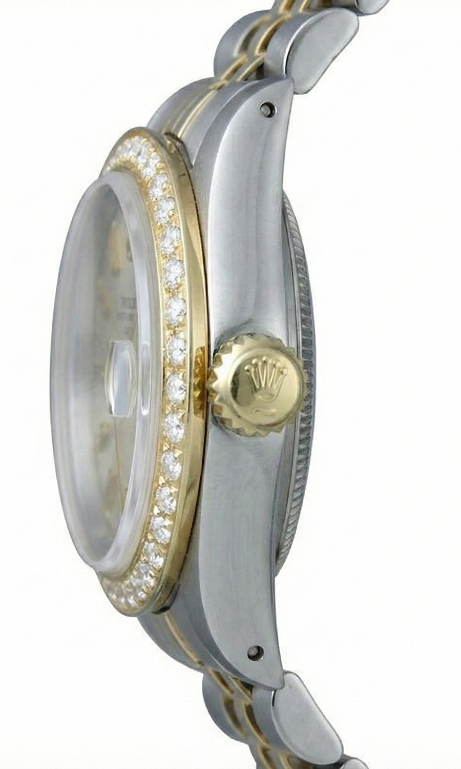 Orologio Rolex con lunetta in diamanti e quadrante bianco a bastoncino, bracciale giubileo bicolore