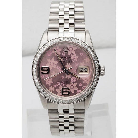Orologio Rolex con quadrante a fiori rosa in acciaio inossidabile giubileo con diamanti Rolex Date Just IMPOSTAZIONE RAPIDA