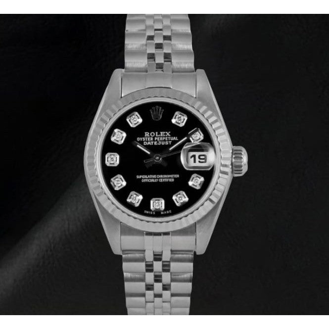 Orologio Rolex con quadrante in diamanti neri e bracciale giubileo in acciaio inossidabile