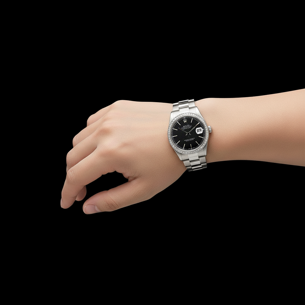 Orologio Rolex con quadrante nero e lunetta in acciaio inossidabile Datejust con diamanti IMPOSTAZIONE RAPIDA