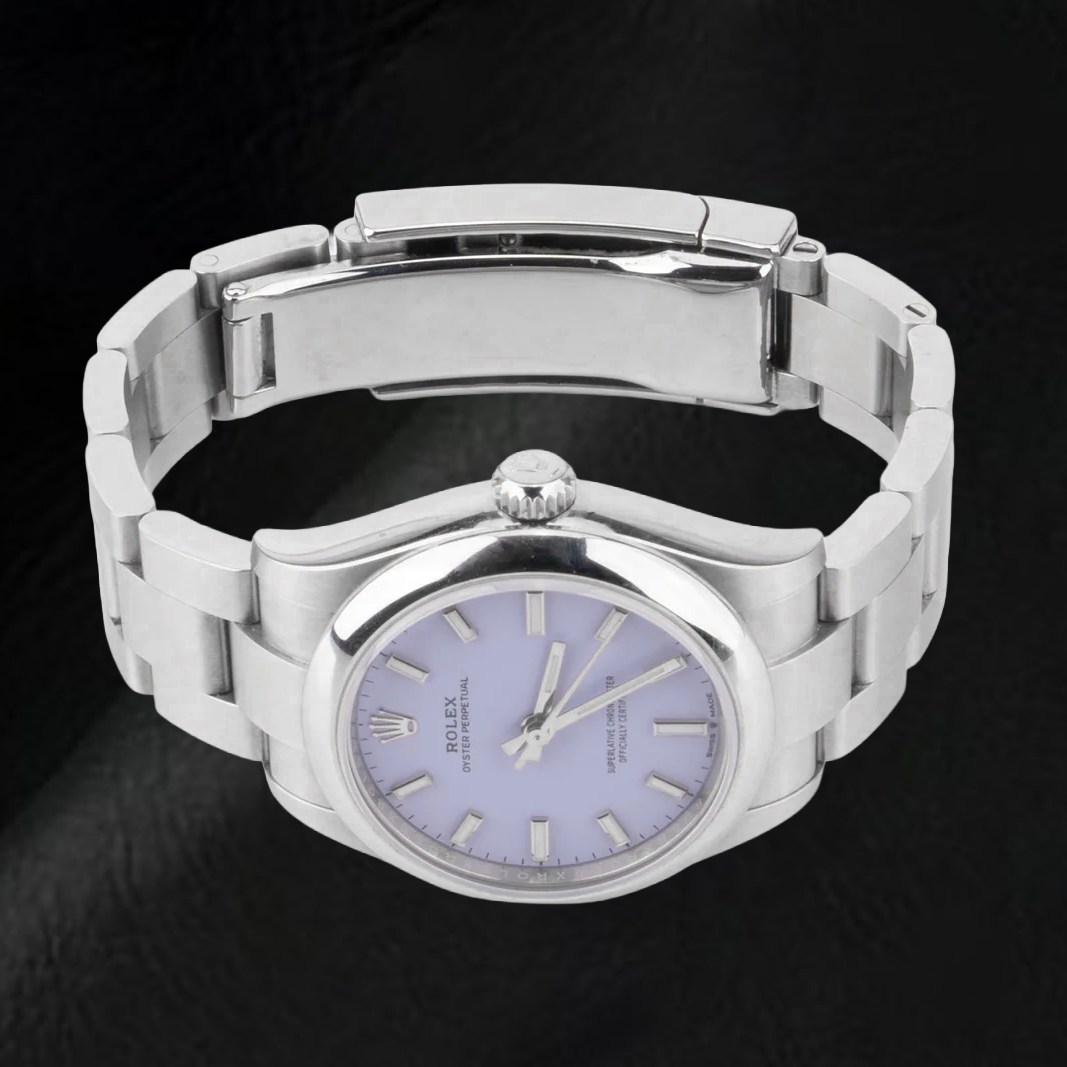 Orologio Rolex da 36 mm in acciaio inossidabile con quadrante luminoso color lavanda