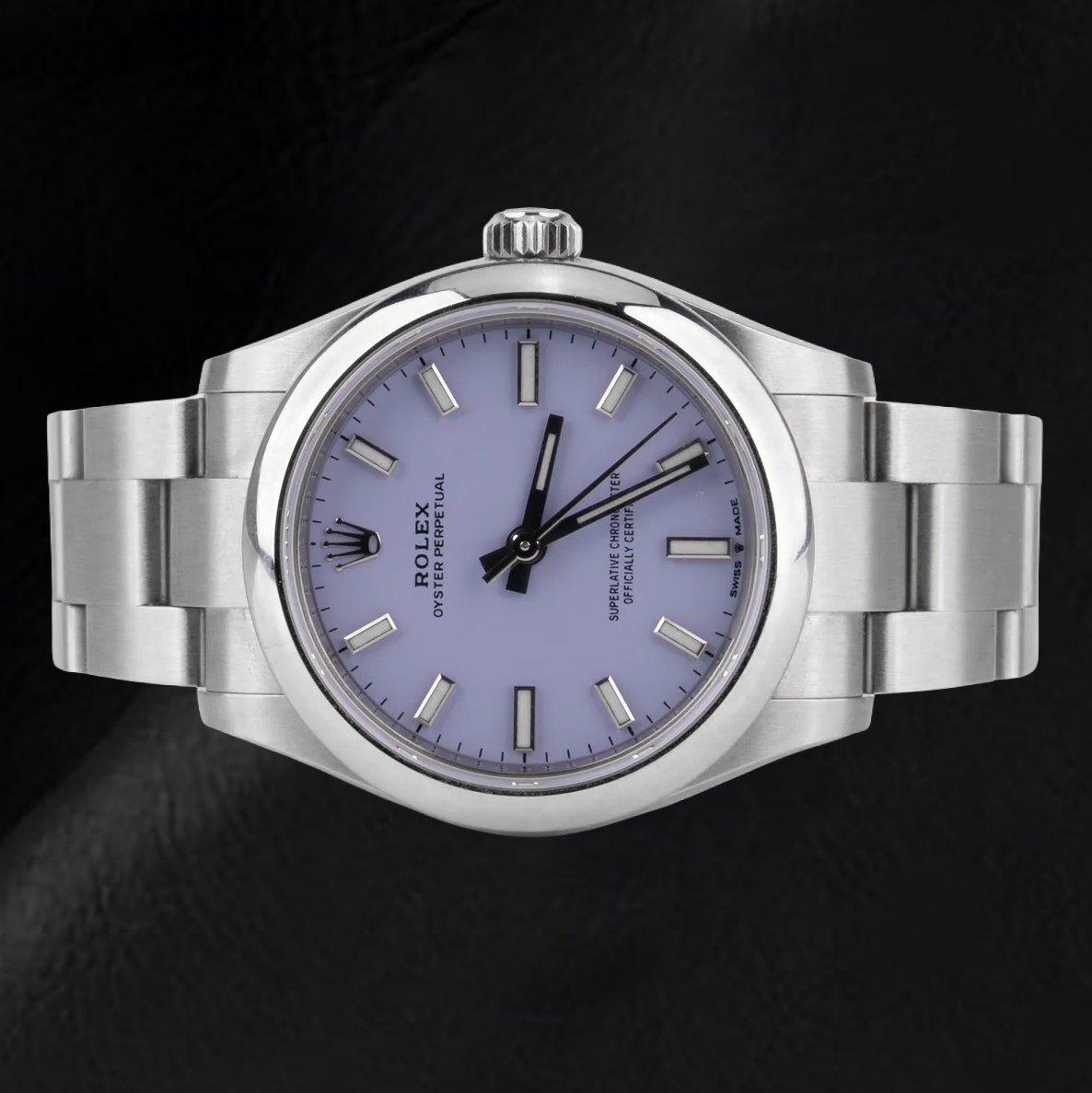 Orologio Rolex da 36 mm in acciaio inossidabile con quadrante luminoso color lavanda