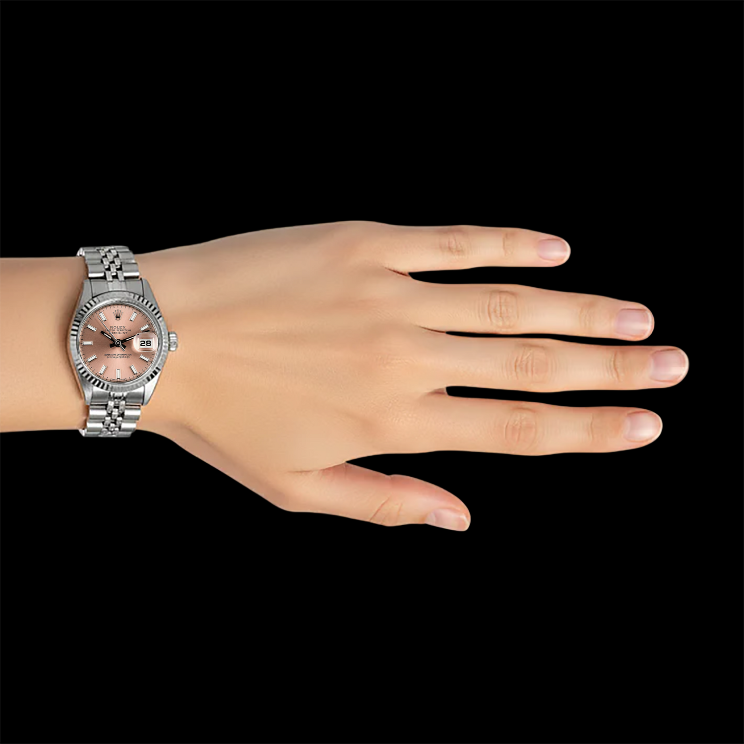 Orologio Rolex da donna Datejust 26 mm con quadrante color salmone, lunetta scanalata e chiusura a scomparsa Jubilee