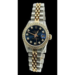 Orologio Rolex da donna Datejust acciaio inossidabile e quadrante in oro con diamanti blu e lunetta